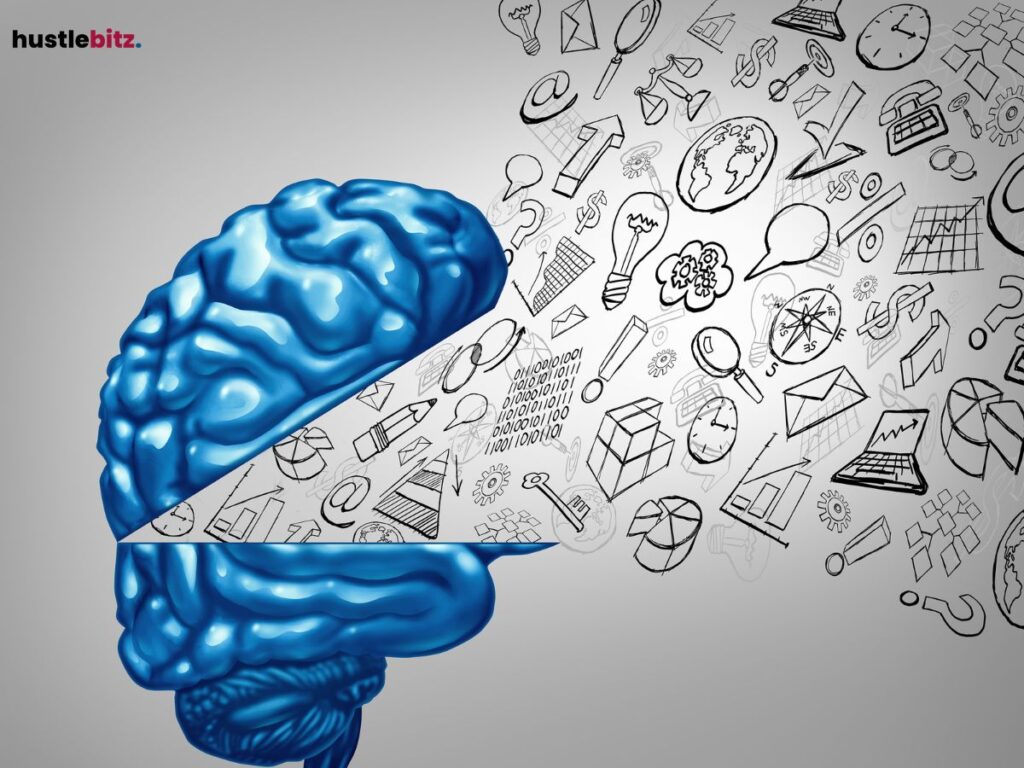 Blue brain with ideas flowing out.